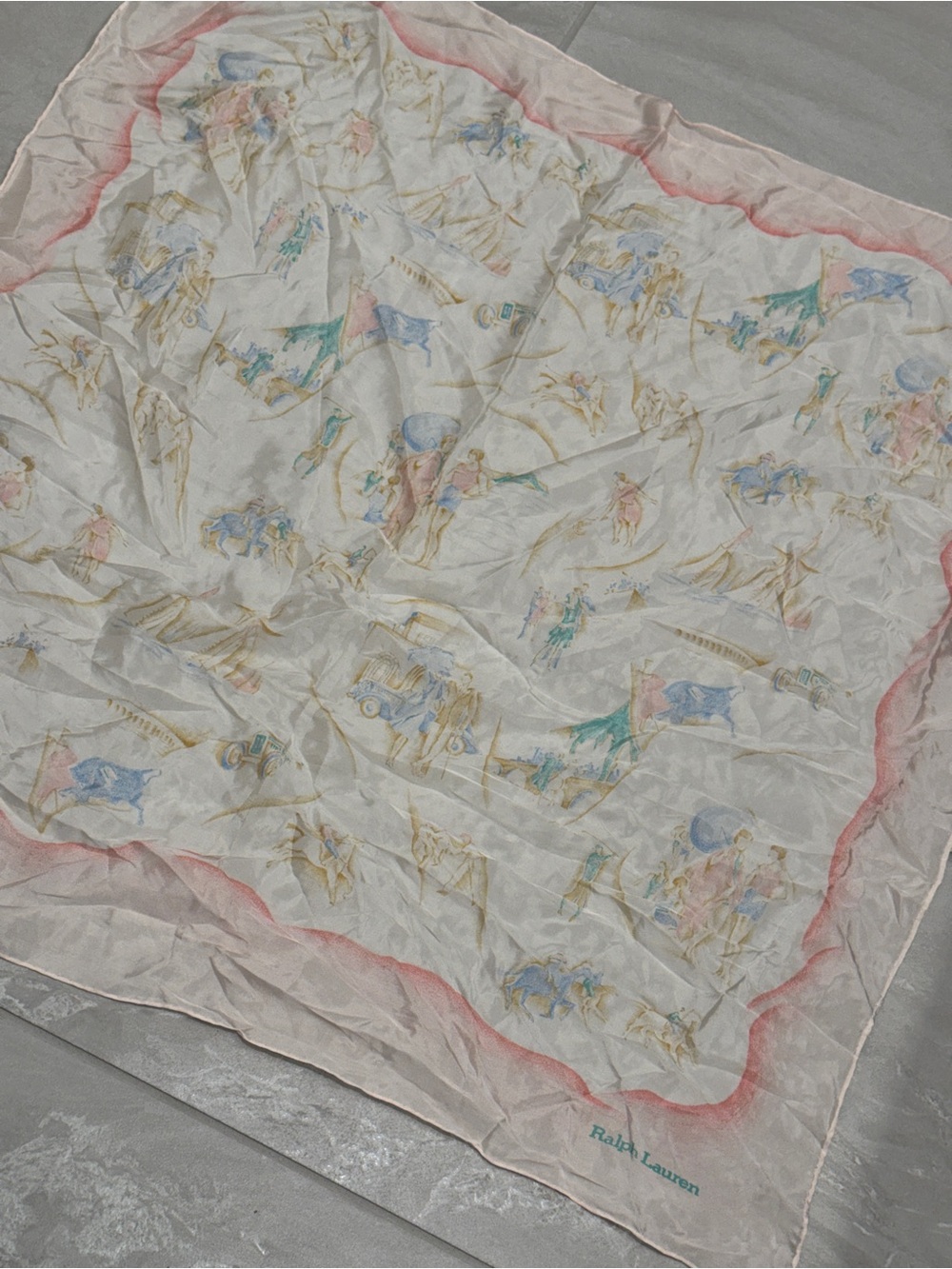 Vintage Ralph Lauren Silk Square Scarf Equestrian Carriage Pastel Pink Cream